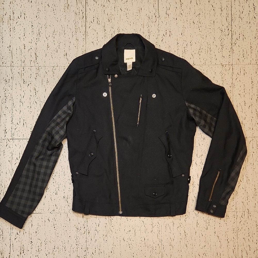 Diesel Black Wool Blend Full Zip Casual Biker Dress Coat Jacket Vintage Y2K